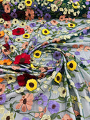 Multi-Color Flower Fabric - Hunter Green - Embroidered Floral Design Fabric Sold by Yard