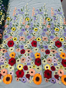 Multi-Color Flower Fabric - Hunter Green - Embroidered Floral Design Fabric Sold by Yard