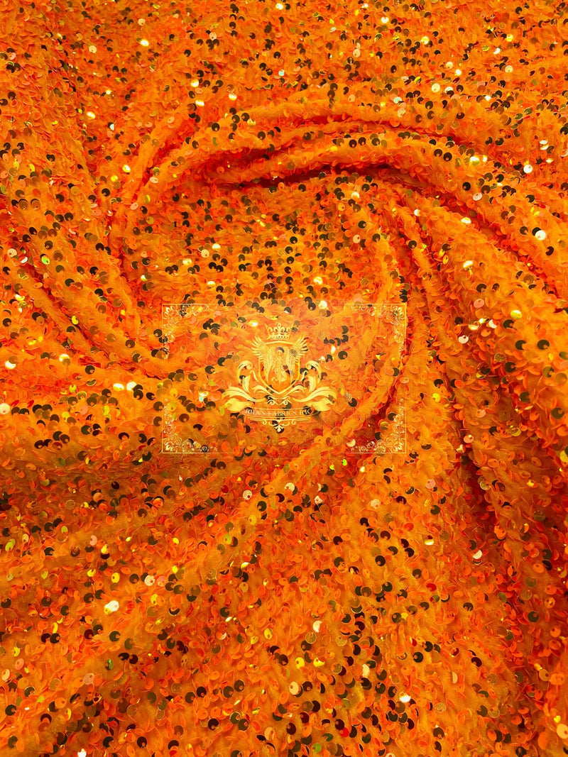 Orange Iridescent Sequins Fabric Stretch Velvet - By The Yard - All Over Full 5mm Sequins 58”/60