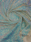 Mini Glitz Sequins - Iridescent Blue on White - Mini Sequins on 4 Way Stretch Mesh Fabric