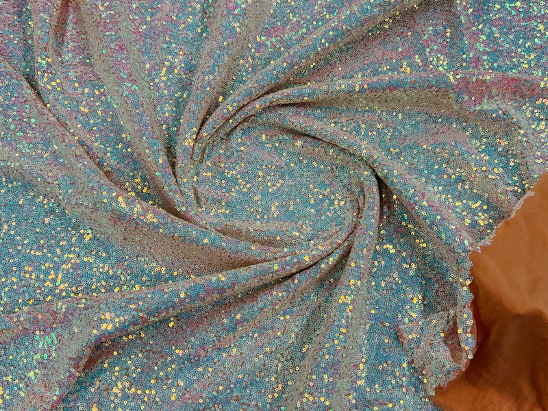 Mini Glitz Sequins - Iridescent Blue/Pink on Nude Mesh - Mini Sequins on 4 Way Stretch Mesh Fabric