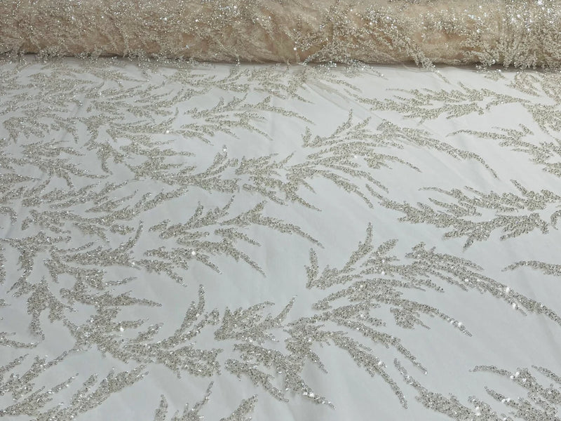 Plant Cluster Fabric - Clear Blush Mesh - Beaded Embroidered Leaf Plant Design on Lace Mesh By Yard