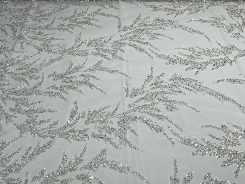 Plant Cluster Fabric - White - Beaded Embroidered Leaf Plant Design on Lace Mesh By Yard