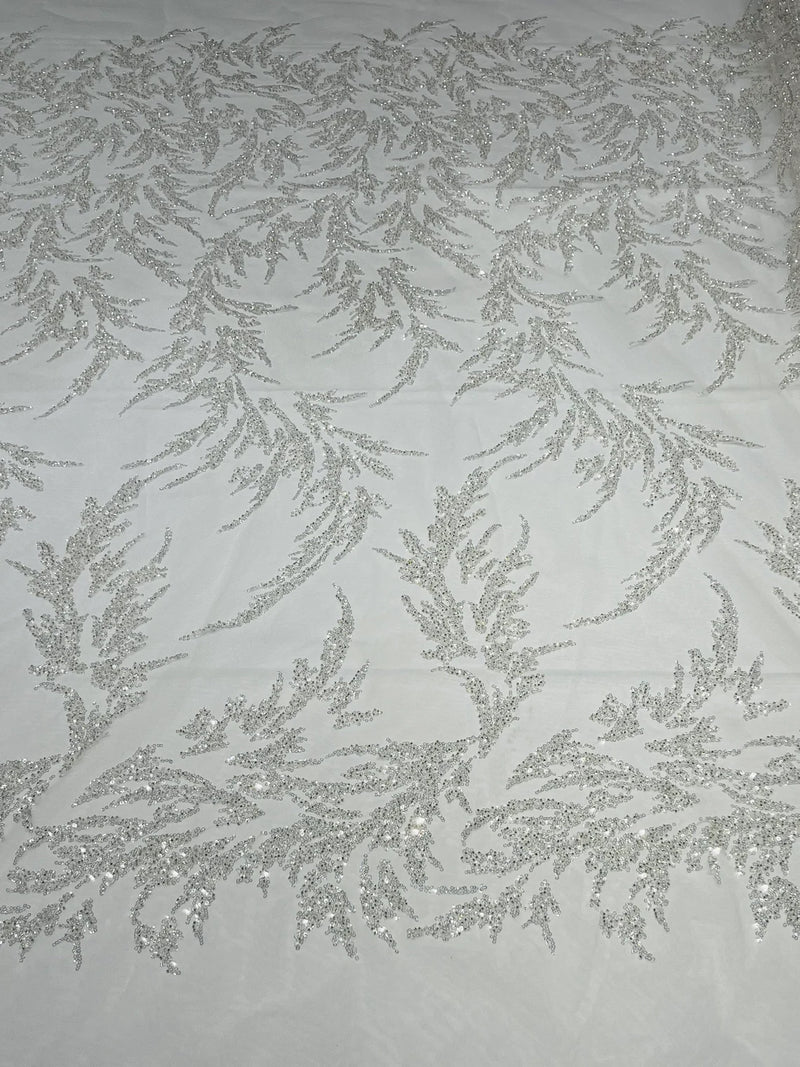 Plant Cluster Fabric - White - Beaded Embroidered Leaf Plant Design on Lace Mesh By Yard