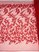 Plant Cluster Fabric - Red - Beaded Embroidered Leaf Plant Design on Lace Mesh By Yard