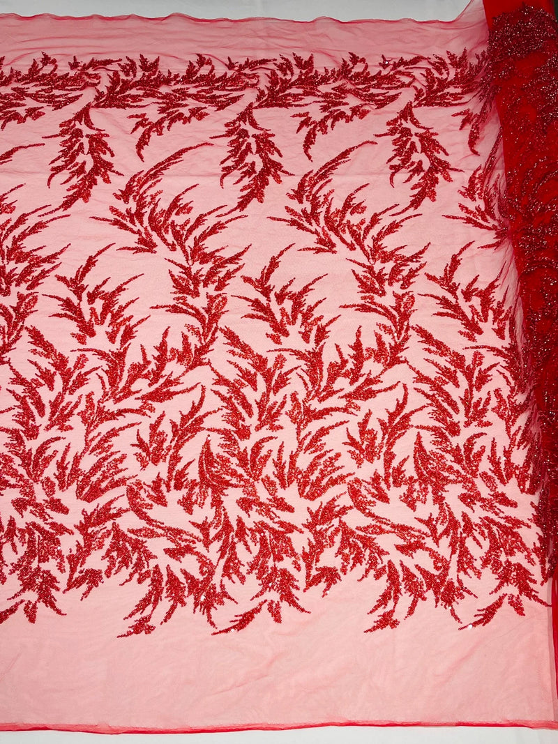 Plant Cluster Fabric - Red - Beaded Embroidered Leaf Plant Design on Lace Mesh By Yard