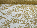 Plant Cluster Fabric - Gold - Beaded Embroidered Leaf Plant Design on Lace Mesh By Yard