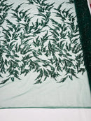Plant Cluster Fabric - Hunter Green - Beaded Embroidered Leaf Plant Design on Lace Mesh By Yard