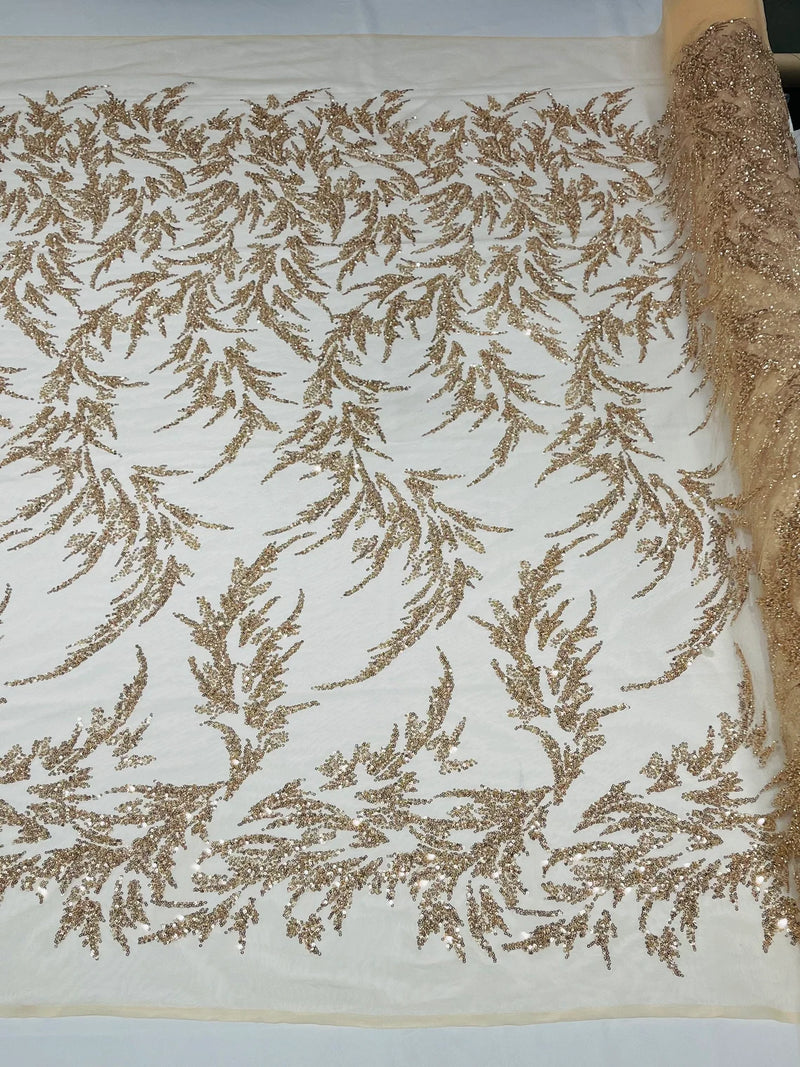 Plant Cluster Fabric - Rose Gold - Beaded Embroidered Leaf Plant Design on Lace Mesh By Yard