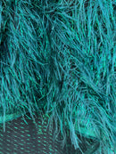 Metallic Fringe Eyelash / Feather - Hunter Green - Embroidered Fabric with Hanging Details 2 Way Stretch By Yard