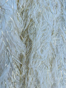 Metallic Fringe Eyelash / Feather - Ivory/Gold - Embroidered Fabric with Hanging Details 2 Way Stretch By Yard