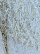 Metallic Fringe Eyelash / Feather - Ivory/Gold - Embroidered Fabric with Hanging Details 2 Way Stretch By Yard