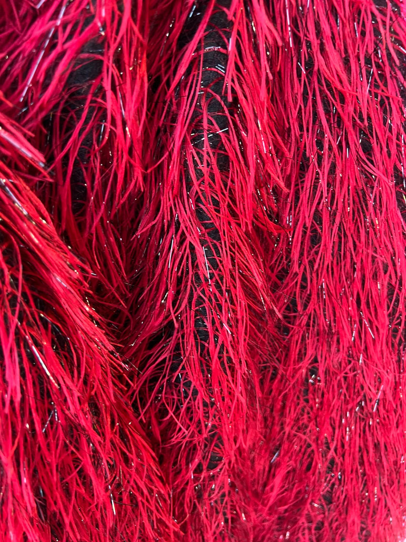 Metallic Fringe Eyelash / Feather - Red - Embroidered Fabric with Hanging Details 2 Way Stretch By Yard