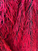 Metallic Fringe Eyelash / Feather - Red - Embroidered Fabric with Hanging Details 2 Way Stretch By Yard