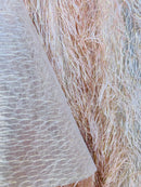 Metallic Fringe Eyelash / Feather - Peach - Embroidered Fabric with Hanging Details 2 Way Stretch By Yard