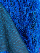 Metallic Fringe Eyelash / Feather - Royal Blue - Embroidered Fabric with Hanging Details 2 Way Stretch By Yard