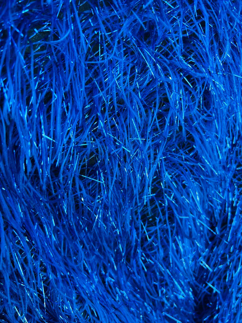 Metallic Fringe Eyelash / Feather - Royal Blue - Embroidered Fabric with Hanging Details 2 Way Stretch By Yard
