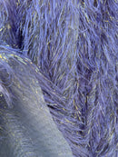 Metallic Fringe Eyelash / Feather - Lilac - Embroidered Fabric with Hanging Details 2 Way Stretch By Yard