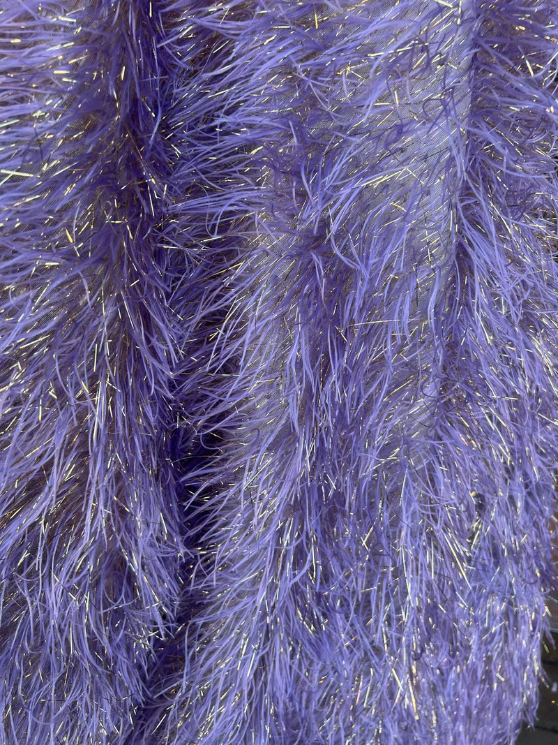 Metallic Fringe Eyelash / Feather - Lilac - Embroidered Fabric with Hanging Details 2 Way Stretch By Yard