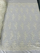 Fancy Border Cluster Fabric - Off-White - Embroidered Beaded Flower Lace Design on Mesh Yard