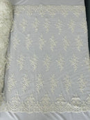 Fancy Border Cluster Fabric - Off-White - Embroidered Beaded Flower Lace Design on Mesh Yard