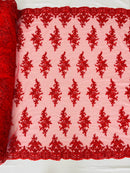 Fancy Border Cluster Fabric - Red - Embroidered Beaded Flower Lace Design on Mesh Yard