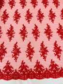 Fancy Border Cluster Fabric - Red - Embroidered Beaded Flower Lace Design on Mesh Yard