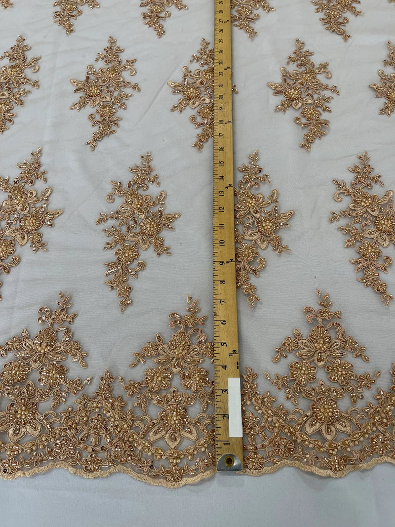 Fancy Border Cluster Fabric - Champagne - Embroidered Beaded Flower Lace Design on Mesh Yard