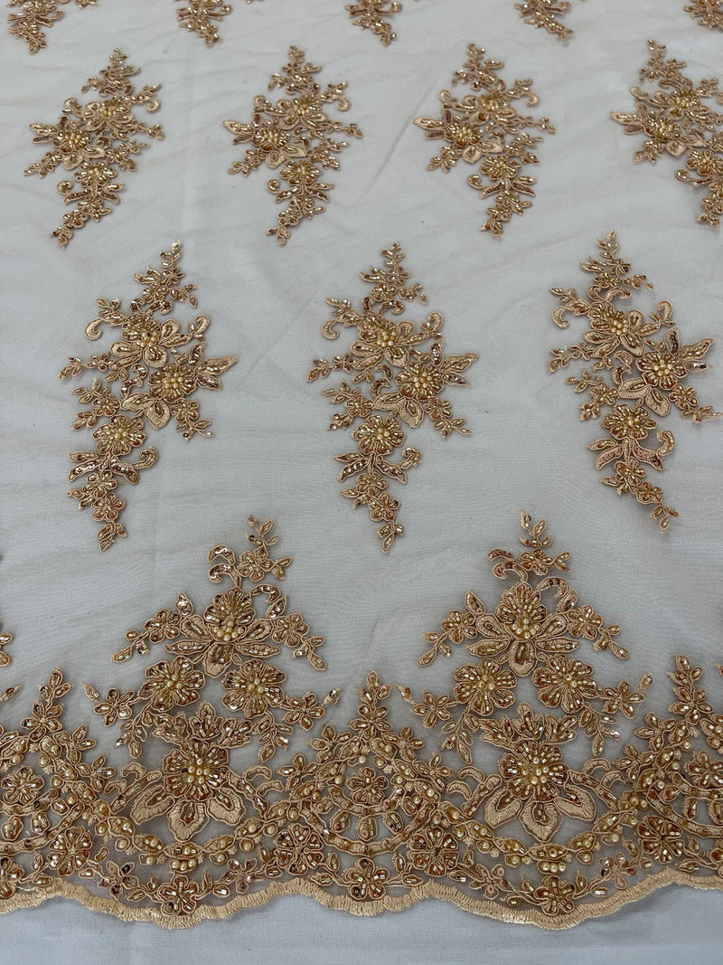 Fancy Border Cluster Fabric - Champagne - Embroidered Beaded Flower Lace Design on Mesh Yard