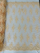 Fancy Border Cluster Fabric - Blush - Embroidered Beaded Flower Lace Design on Mesh Yard