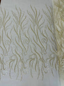 Sea Plant Beaded Fabric - Ivory - Beaded Embroidered Sea Plant Design Fabric by Yard