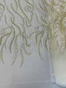 Sea Plant Beaded Fabric - Ivory - Beaded Embroidered Sea Plant Design Fabric by Yard
