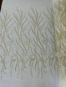 Sea Plant Beaded Fabric - Ivory - Beaded Embroidered Sea Plant Design Fabric by Yard