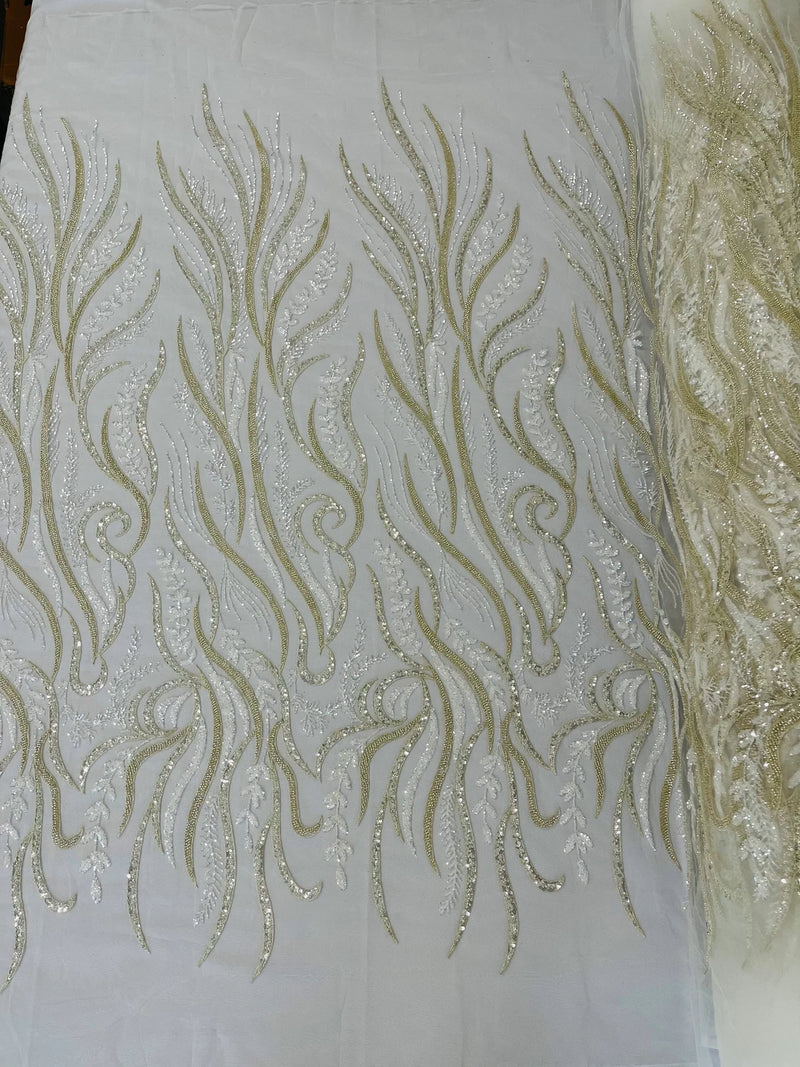 Sea Plant Beaded Fabric - Ivory - Beaded Embroidered Sea Plant Design Fabric by Yard