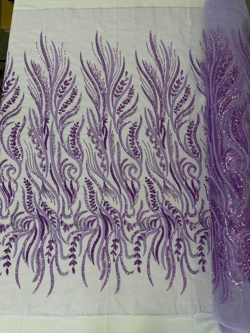 Sea Plant Beaded Fabric - Lilac - Beaded Embroidered Sea Plant Design Fabric by Yard