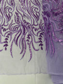 Sea Plant Beaded Fabric - Lilac - Beaded Embroidered Sea Plant Design Fabric by Yard