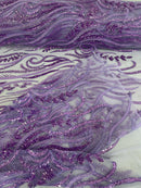 Sea Plant Beaded Fabric - Lilac - Beaded Embroidered Sea Plant Design Fabric by Yard