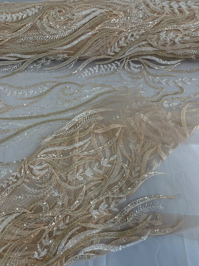 Sea Plant Beaded Fabric - Clear Nude - Beaded Embroidered Sea Plant Design Fabric by Yard