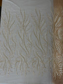 Sea Plant Beaded Fabric - Clear Nude - Beaded Embroidered Sea Plant Design Fabric by Yard