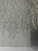 Sea Plant Beaded Fabric - Silver - Beaded Embroidered Sea Plant Design Fabric by Yard