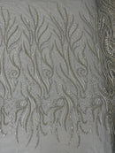 Sea Plant Beaded Fabric - Silver - Beaded Embroidered Sea Plant Design Fabric by Yard