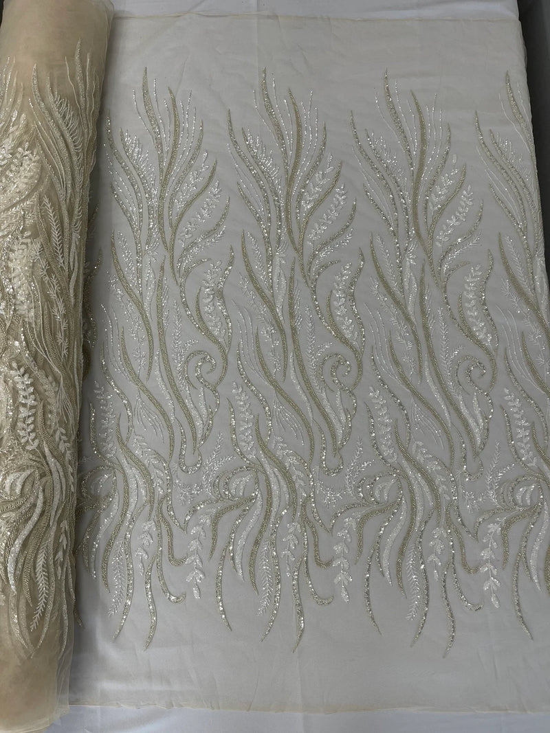 Sea Plant Beaded Fabric - Clear Cream - Beaded Embroidered Sea Plant Design Fabric by Yard