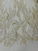 Beaded Flame Design Fabric - Clear Cream - Beaded Embroidered Fire Flame Design Fabric by Yard