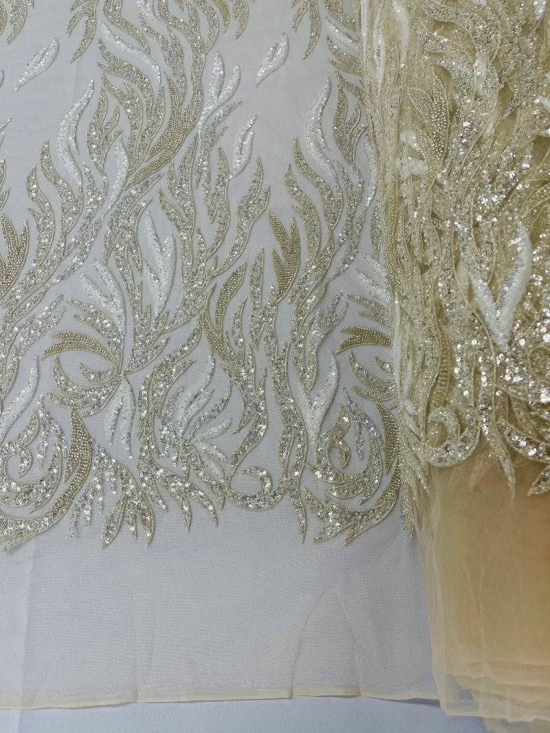 Beaded Flame Design Fabric - Clear Cream - Beaded Embroidered Fire Flame Design Fabric by Yard