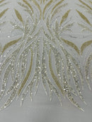 Beaded Elegant Fabric - Ivory - Leaf Design Beaded Embroidered Fabric by Yard
