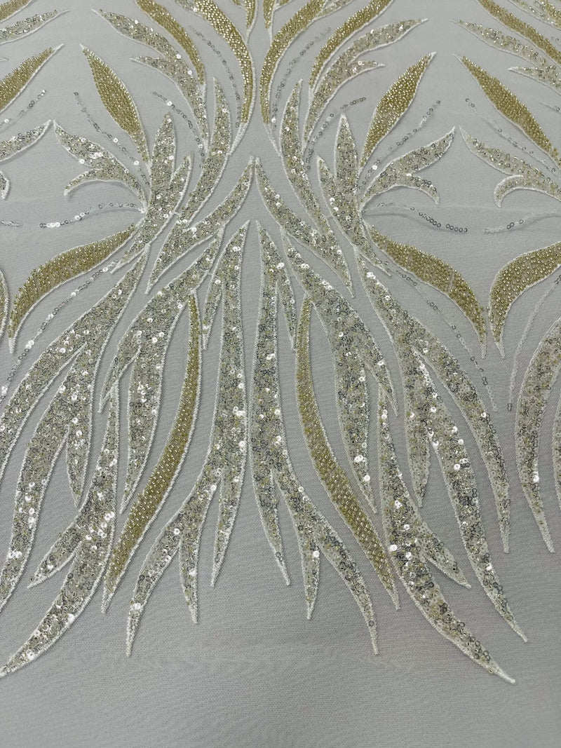Beaded Elegant Fabric - Ivory - Leaf Design Beaded Embroidered Fabric by Yard