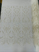 Beaded Elegant Fabric - Ivory - Leaf Design Beaded Embroidered Fabric by Yard