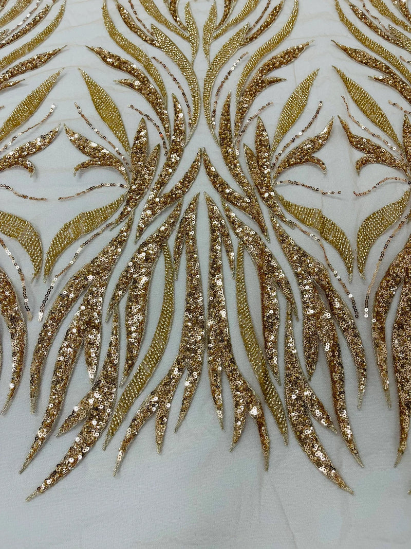 Beaded Elegant Fabric - Rose Gold - Leaf Design Beaded Embroidered Fabric by Yard