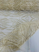 Beaded Elegant Fabric - Clear - Leaf Design Beaded Embroidered Fabric by Yard