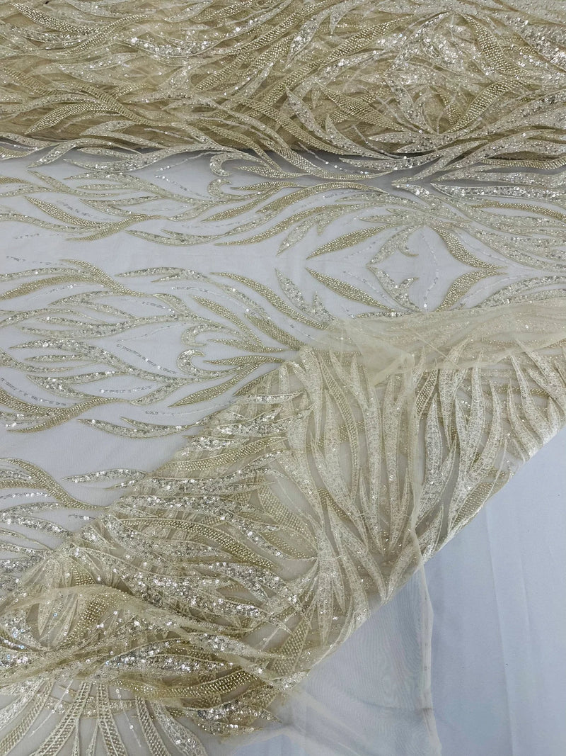 Beaded Elegant Fabric - Clear - Leaf Design Beaded Embroidered Fabric by Yard